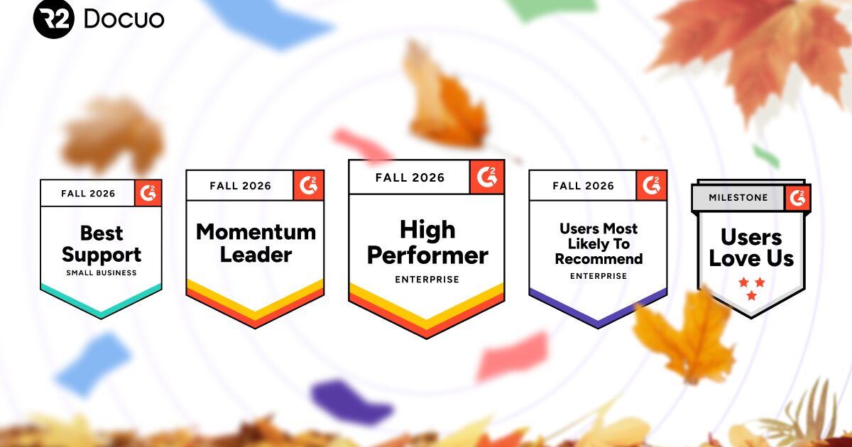 R2 Docuo G2 Fall 2026 badges: Best Support, Momentum Leader, High Performer, Users Most Likely to Recommend and Users Love Us