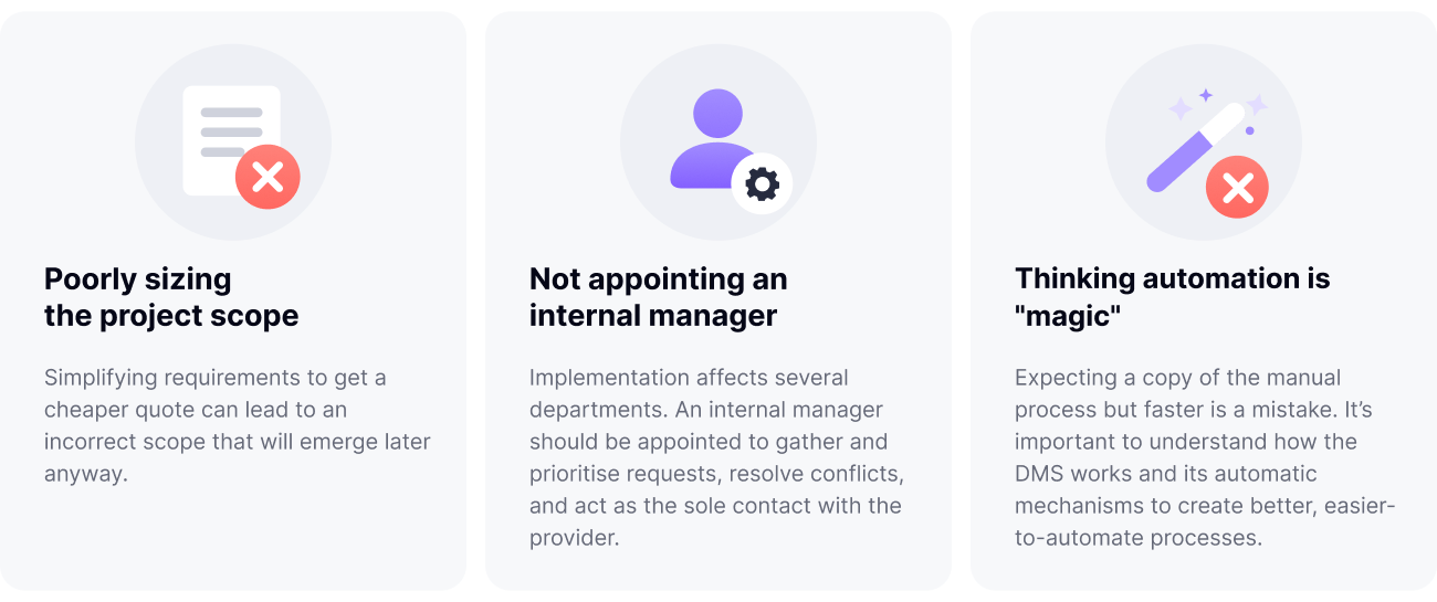 Typical problems when rolling out a DMS: misjudging the scope, not appointing an internal owner and thinking automation is magic